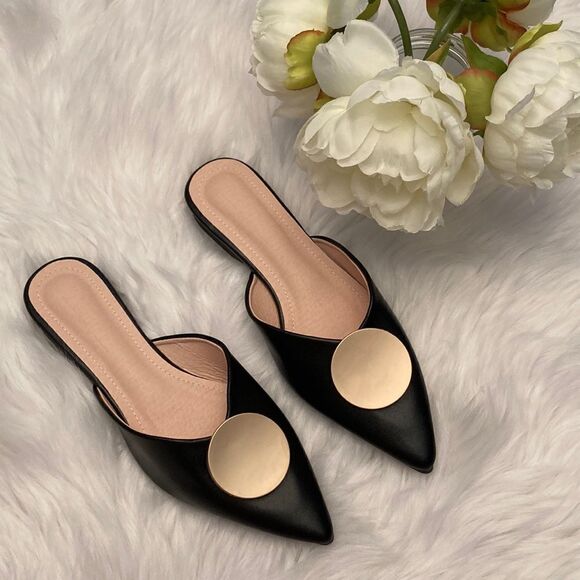 Riveted Black Gold Pointed Toe Flat Mules Shoes - Picture 6 of 12